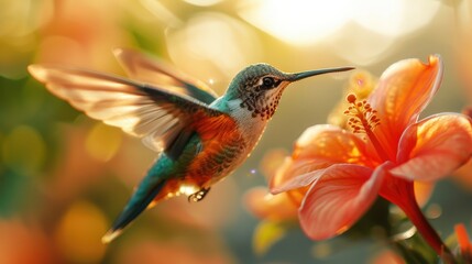 Naklejka premium A vibrant hummingbird hovering near a bright flower, capturing the essence of nature's beauty and delicate interactions.