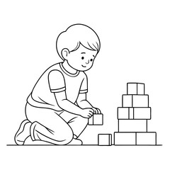 A cute chile play with toy blocks, line art vector illustration