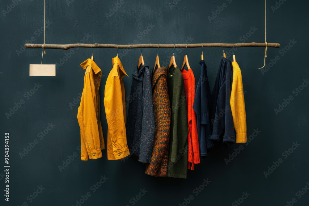 Canvas Prints a vibrant array of hanging jackets on a wooden rack against a dark wall, showcasing texture and colo