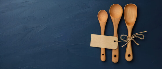 A collection of wooden spoons arranged elegantly with a blank tag, perfect for kitchen-themed design and culinary projects.
