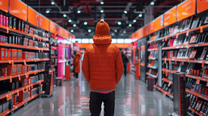 Fototapeta premium A person in an orange jacket standing in a vibrant store aisle, surrounded by colorful products on shelves.