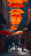 A vibrant alley adorned with colorful umbrellas, creating a lively and cheerful atmosphere in a bustling market setting.