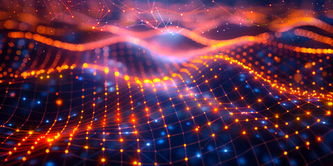 Naklejka premium A vibrant technology-themed abstract background with a dynamic orange and blue grid network, highlighted by glowing points of light, creating a futuristic and energetic visual.