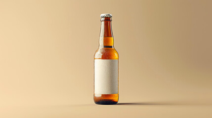 Minimalist Beer Bottle, Blank Label on Beige Background. clean, simple packshot of beer bottle with blank label, standing upright on beige background, emphasizing minimalist design, focus on product.