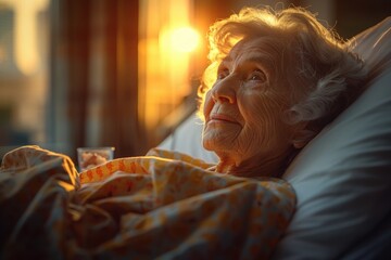 Obraz premium An elderly woman lies in a hospital bed, looking out the window at the warm, golden light of sunset