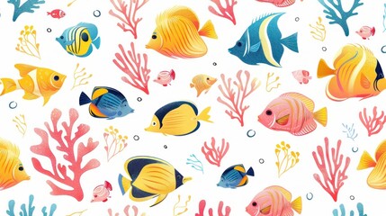 Minimalistic style illustration of coral reef fish against an elegant white background perfect for fabric patterns and home decor prints