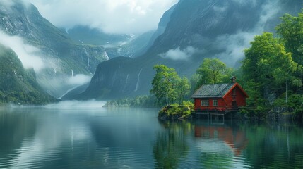 Obraz premium Serene Red Cabin by the Fjord