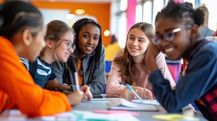 Fototapeta premium Teenage girls from different ethnic backgrounds working together on a school project, smiles and interaction demonstrating the positive impact of diversity and collaboration in contemporary education