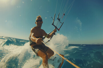 Fototapeta premium Exciting Day of Kiteboarding in the Pristine Ocean at Sunset