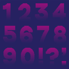 Numbers and punctuation mark with magenta circular halftone dot pattern texture. Isolated symbols and signs on blue background. Vector half tone illustration