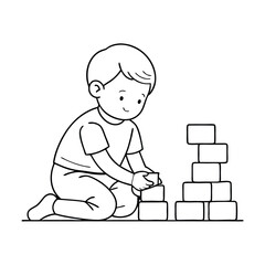 A cute chile play with toy blocks, line art vector illustration