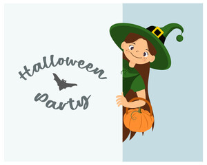 Cute little witch with pumpkin looks out from behind the door. Halloween Party illustration, banner, template, vector