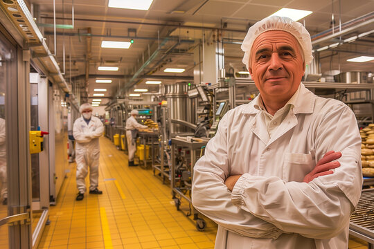Experienced baker overseeing production in busy bakery facility during daylight hours