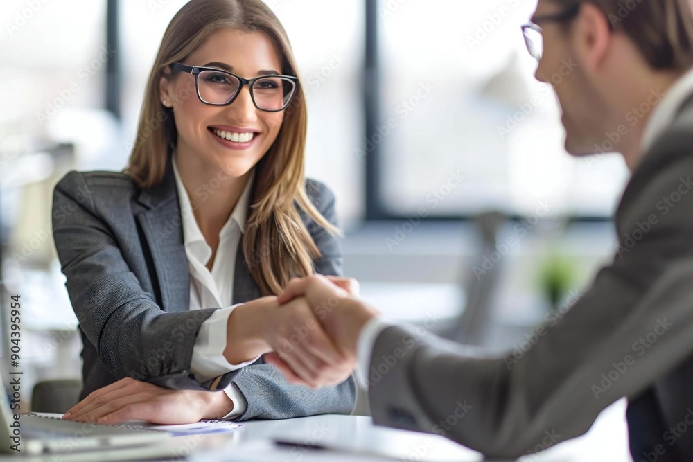 Wall mural beautiful businesswoman is smiling and looking at a handsome businessman while shaking hands at an o