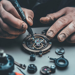 Artisanal watchmaker repairing a luxury timepiece. Close-up photography. Design for skilled craftsmanship, horological art, and precision mechanics concept