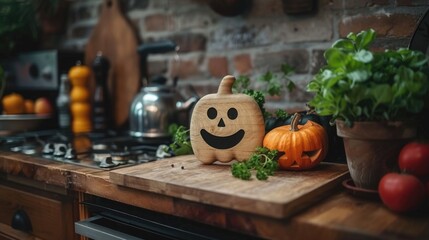 Wooden Ghost Cutting Board with Natural Wood and Ceramic Decor on Kitchen Shelf - Rustic Halloween Theme