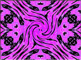 A vibrant and complex pattern with swirling pink and black lines creates a mesmerizing and chaotic design. The repetition of shapes forms a kaleidoscopic effect