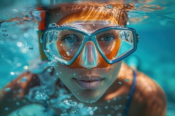Naklejka premium A woman with a snorkeling mask looks intently towards the camera as she prepares to dive underwater