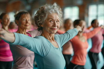 Group of senior women participating in a morning exercise class at a community center