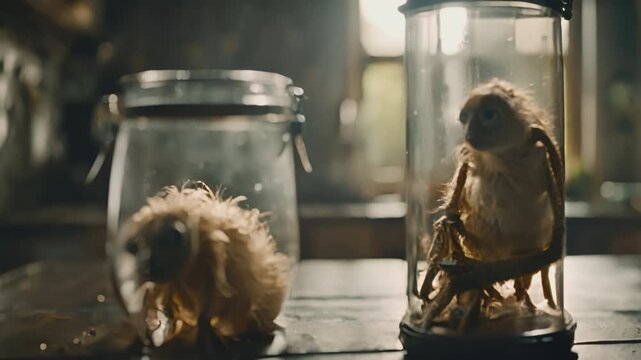 Jars in laboratory with strange alien species, insect reptile mutant chimeras. Animal experiments. Mad scientist laboratory. Horror or sci-fi movie theme, footage. Biohazard. Breeding.