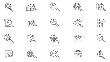 Search line icon set. Contains a magnifying glass, find, protection, check mark, tick box, look tool, Zoom and find document Outline icon collection. UI thin icon pack.