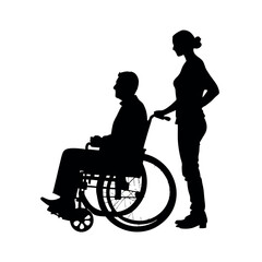 a disable man sitting on the wheel chair, and  a helping woman are help his, black color silhouette, isolated white background