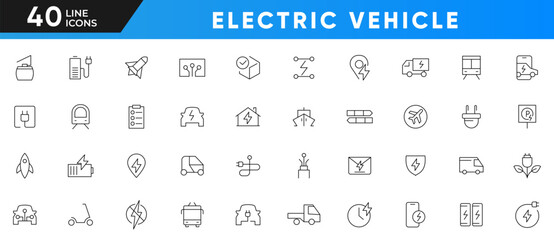 Electric vehicle line icon set. Charging station, battery, EV charging, car sharing, rent, cruises, car, bus, motorcycle, bicycle, truck, battery, electric motor outline icon collection. UI thin icon 