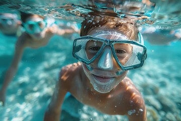 Naklejka premium A young boy wearing a snorkel mask looks up at the camera while swimming underwater in clear blue water