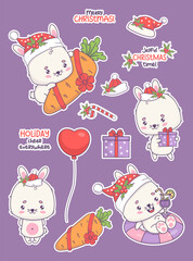 Cute Christmas bunny in Santa hat stickers. Isolated festive funny kawaii rabbit character with carrot and gift, animal floating on inflatable ring with cocktail and cool phrases. Vector illustration
