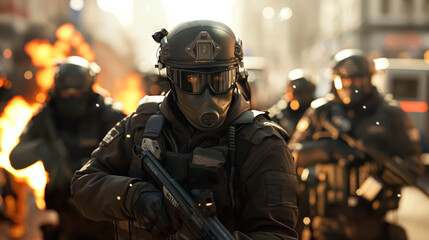 A group of armed riot police officers wearing protective gear and gas masks, standing with fire and smoke in the background during a chaotic urban situation.