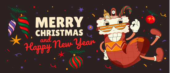 Fototapeta premium Smiling sock cartoon character in flat style. Christmas decorations on confetti on a dark background. Merry Christmas and Happy New Year banner. Greeting card print template and background.