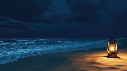 A lantern with a glowing candle rests on the beach, illuminated by a stunning sunset over the tranquil ocean, while a crescent moon hangs in the sky