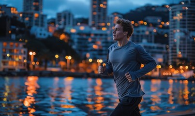 A man runs along the waterfront with the city lights reflecting in the water. AI.