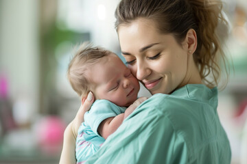 Health care concept. Smiling obstetric nurse caring for newborn baby in hospital