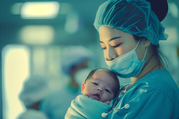Healthcare concept. Cute nurse taking care of newborn baby in hospital