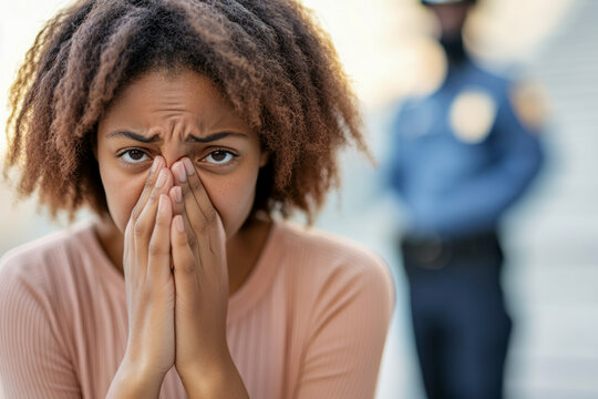 Worried Woman with Police Officer in Background