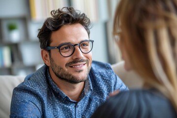 Obraz premium The beautiful business man wearing eyeglasses is smiling and looking thoughtful as he reclines comfortably on a couch, talking to his psychiatrist about something important.