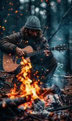 Naklejka premium A man plays a guitar by a campfire in the woods. AI.
