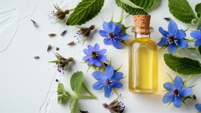 borage oil, skin care conceptual, on white background