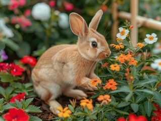 A small rabbit nibbles on flowers in a garden. AI.
