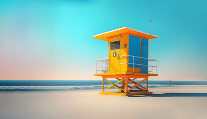 Fototapeta premium Bright yellow lifeguard tower on the beach with blue pink sky on the background