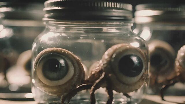 Pair of big moving eyes in a jar in a laboratory. Alien creature or mutated animal. Scientific experiment or an alien body part. Sci-fi horror movie clip. Cinematic style footage. 