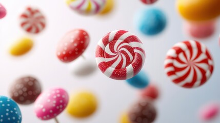 Vibrant close-up of colorful, assorted candies floating in the air, accentuating variety and sweetness in a playful and whimsical composition.
