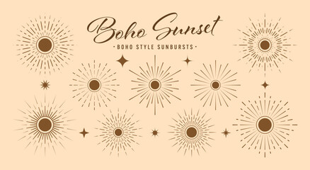 Vintage sunburst, sunset beams collection. Boho style, modern minimalist bohemian design. Hand drawn bursting sun, light rays. Logotype or lettering design element in retro style. Vector illustration