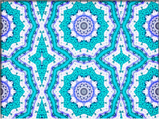 A vibrant, symmetrical pattern featuring intricate, mandala-like designs in shades of blue and turquoise with hints of white and purple, creating a mesmerizing and immersive visual effect.