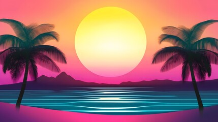 Obraz premium Silhouettes of palm trees against a vibrant sunset over the ocean.