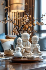 White porcelain figurines on a wooden table. AI.