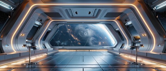 Futuristic spaceship interior with a view of Earth. AI.