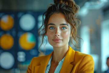 Obraz premium Elegant scene featuring a businesswoman giving a presentation with minimalist slides in a boardroom,