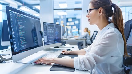 Focused young woman coding at her desk.